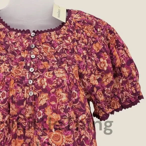 NEW Sundance Blouse Crop Top PS Petite Small Floral Smocked Puff Sleeve Tropical - Picture 2 of 6